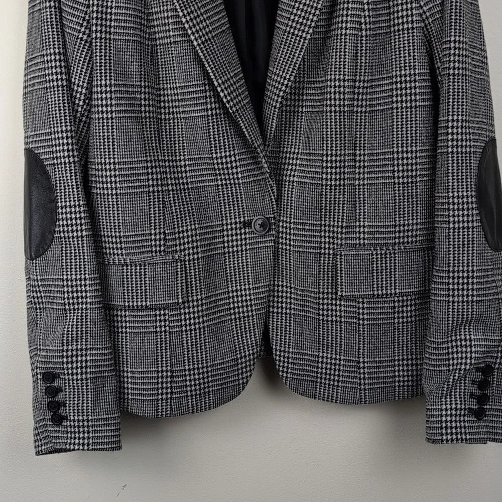 Michael Kors Black & White Houndstooth Plaid Blazer with Leather Accents Size 12